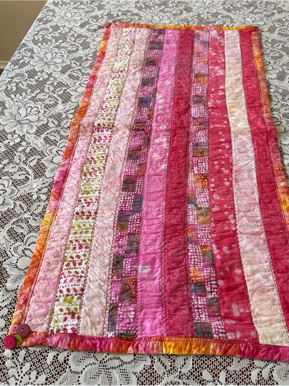 Handmade Quilted Table Runner 41” x 20” Pink Batik Fabric With Button Accents